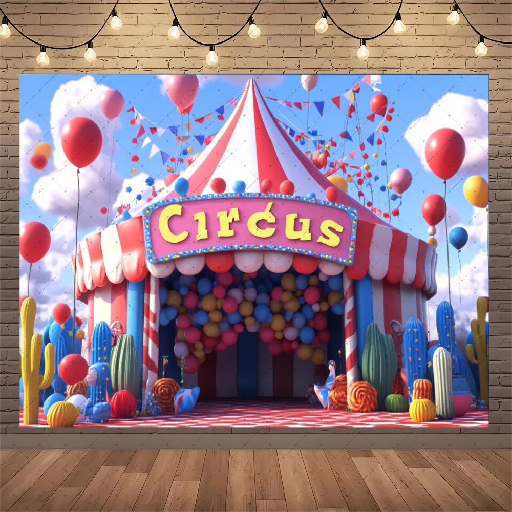 Circus Red Tent Ferris Wheel Carousel Hot Air Balloon Kid Birthday Party Banner Backdrop Custom KidPhoto Poster Decor Background view 3