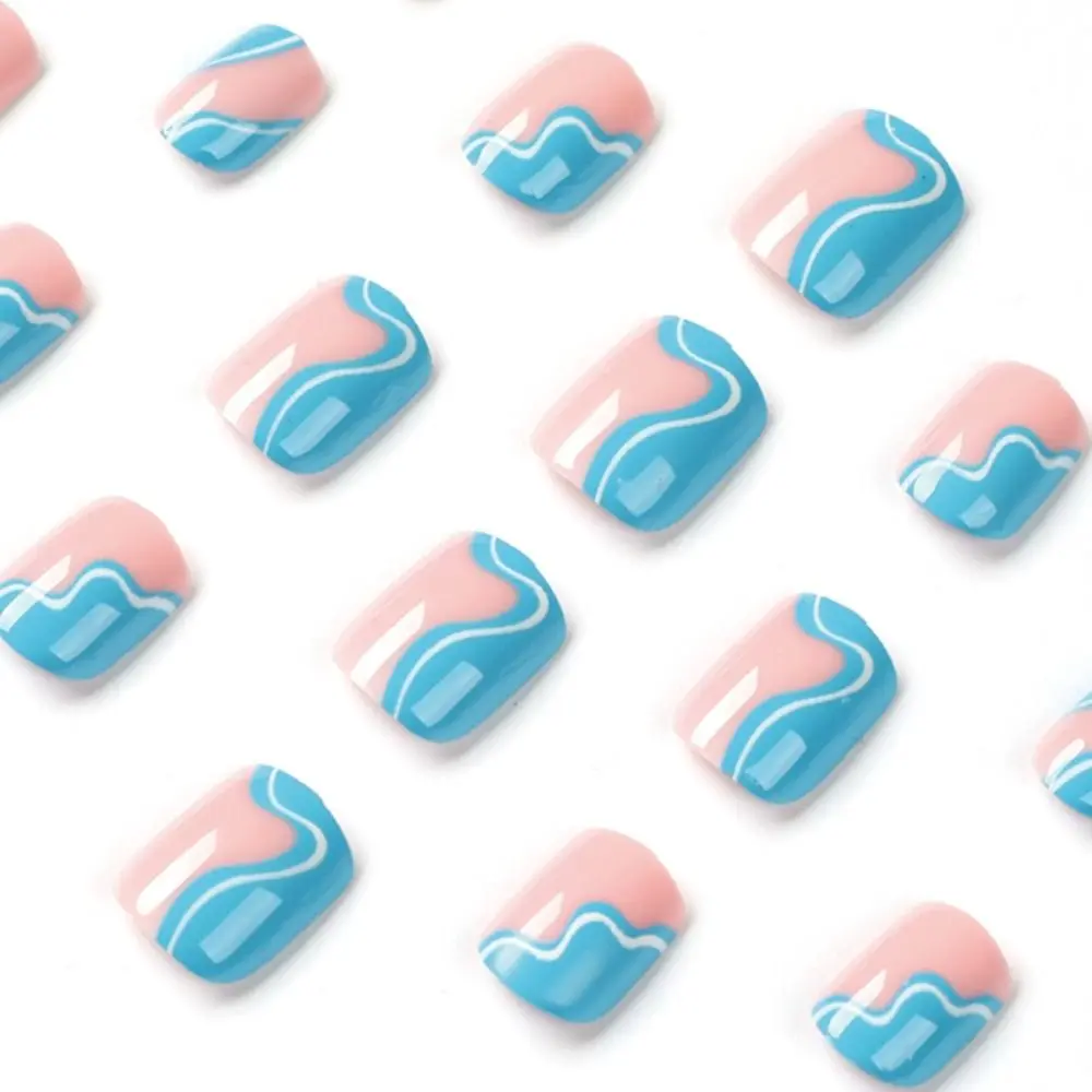 24pcs Press on Nails French Pink White Spots Blue White Wavey Short Fake Nails Square Ballerina