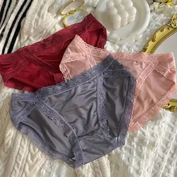 Satin Luxury Style Sexy Lace Ice Silk Soft Women's Underwear Breathable Mesh Thin Solid Seamless Panties Simple Elegant Breifs