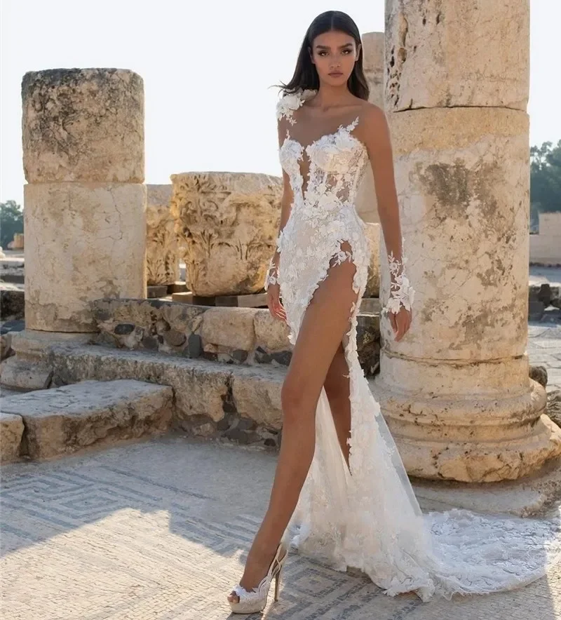 فستان زفاف صيفي مثير بفتحة عالية بدون ظهر من الدانتيل بطول الأرض مزين على شكل قلب بوهو حورية البحر فساتين العروس