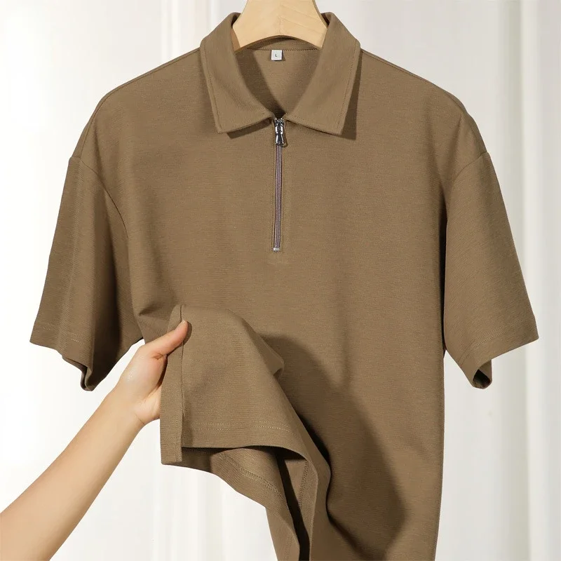 

Men Clothing Half Zipper Short-sleeved T-shirt Polo Shirts Golf New Loose Tees Simple Design Lapel Tops Tshirts for Men Black