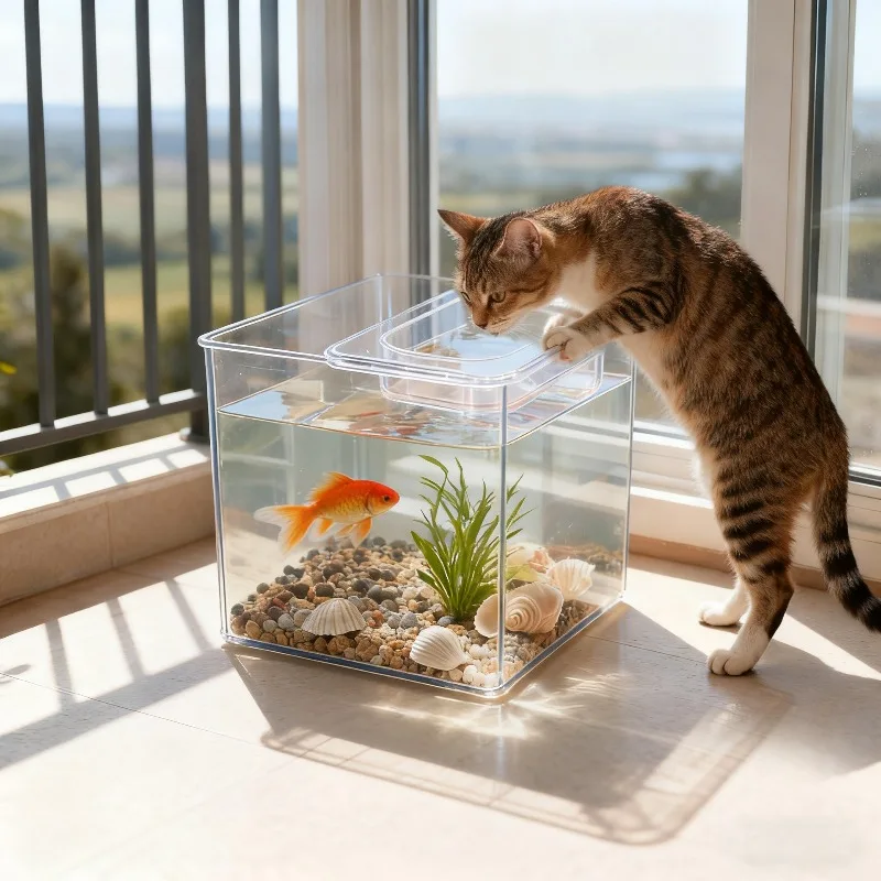 transparent plastic small fish tank,desktop living room ecological micro-landscape trick cat drinking artifact,pet drinking bowl