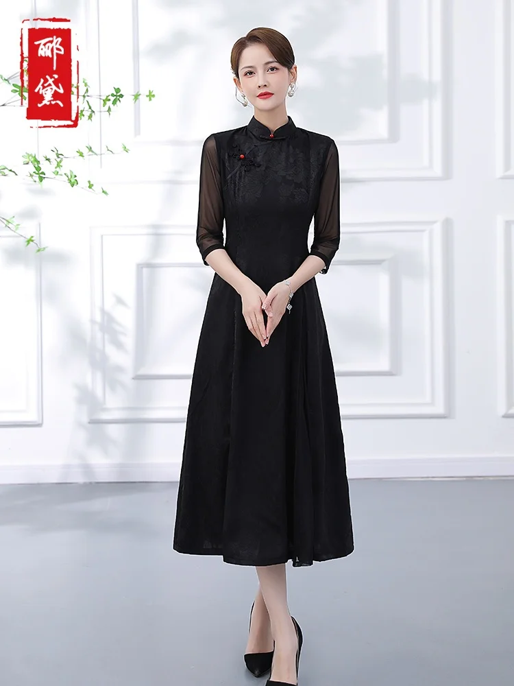 

Платье-халат для молодых женщин с длинными рукавами, в традиционном китайском стиле, черное, с эффектом потертости, высокого качества, для повседневной носки