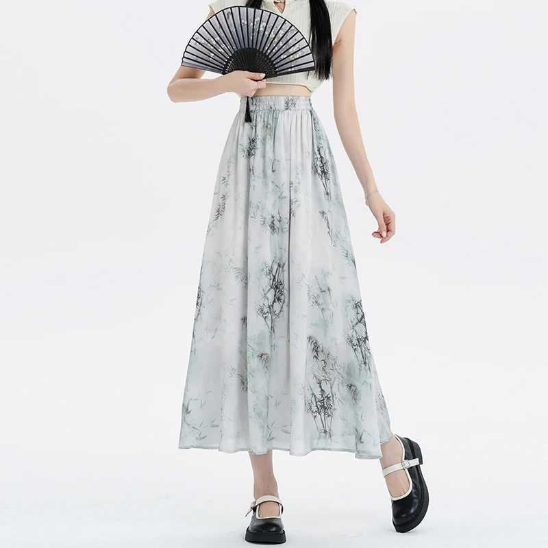 High Waist A-Line Skirt for Women Chinese Print Traf Mid-Length Spring Autumn National Style Ink Painting Design