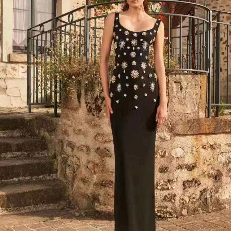 

European and American Style Sleeveless Square Neck Heavy Beaded Socialite Long Dress Sexy Slim Fit Backless Slit Dress