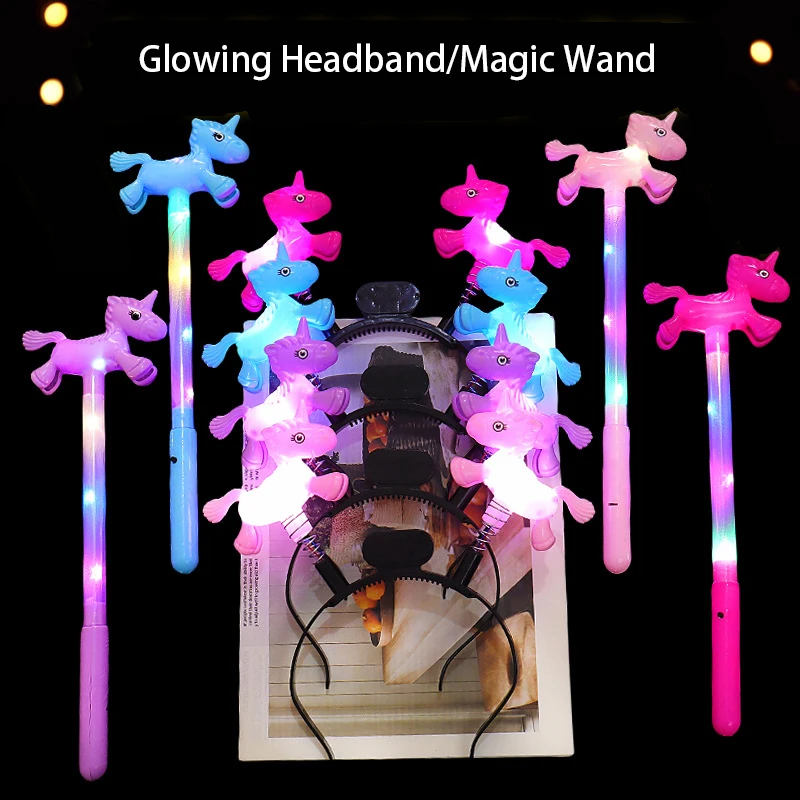 

Светящаяся повязка на голову с мультяшным единорогом, детские аксессуары для волос, милый пони, светящаяся волшебная палочка, наряд для дня рождения, мигающая игрушка