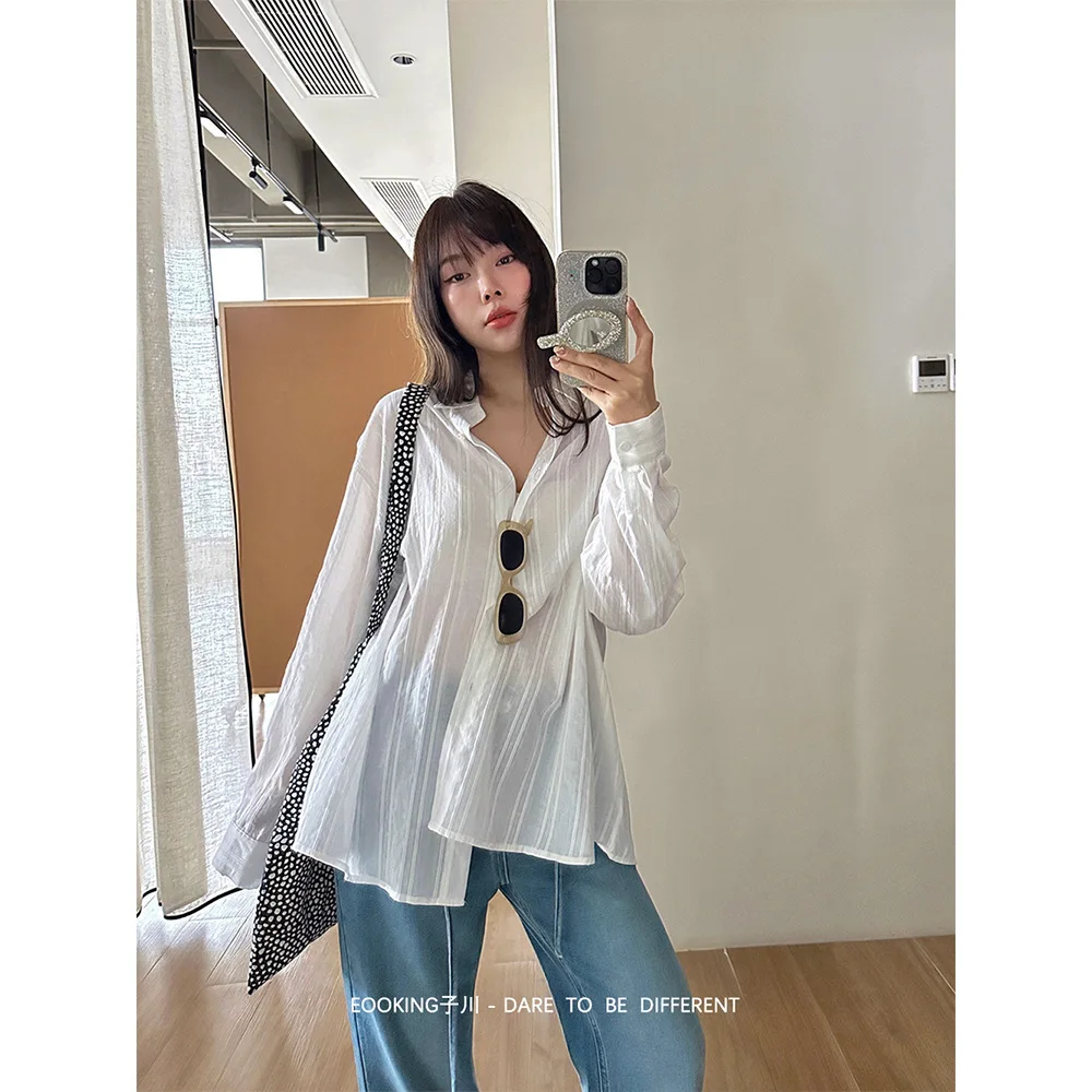 

100% Cotton Lightweight Vertical Striped Loose Shirt For Women Summer Sun Protection Jacket