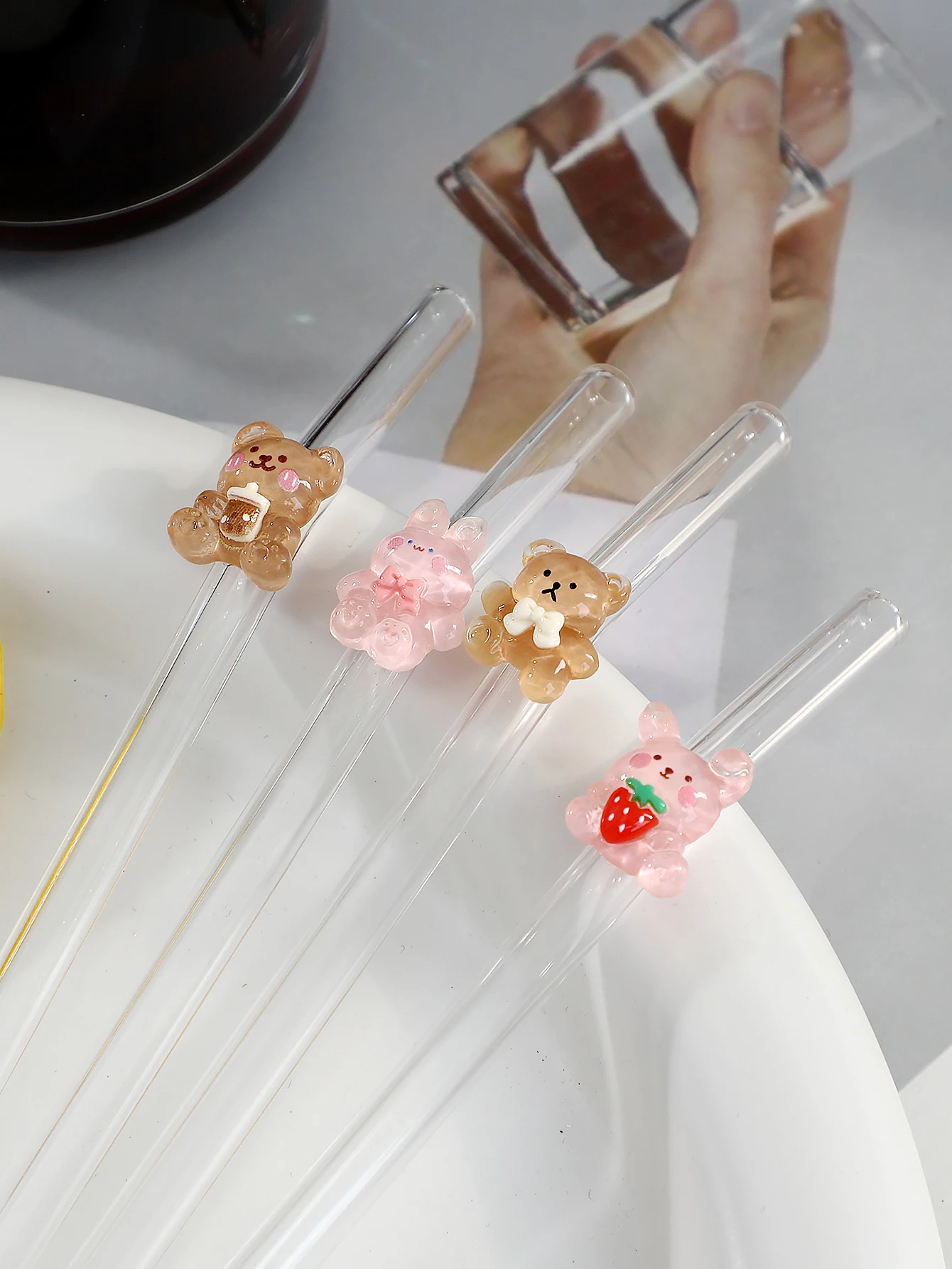 4/6PCS Cartoon Rabbit/bear Glass Straw, Transparent Bendable Drinkware for Smoothie & Cocktail, Reusable Party Supply. - view 2