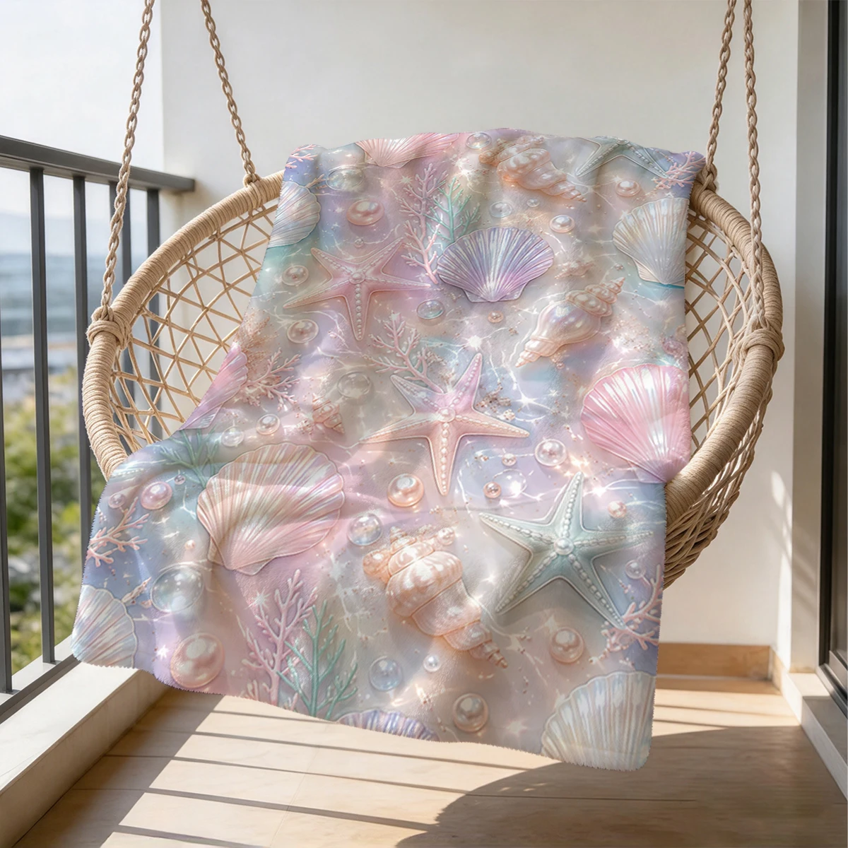 Pastel Seashells Pearls Flannel Blanket Warm Soft Halloween Christmas Couch Warm Cozy Decorative Decor Gift for All Season