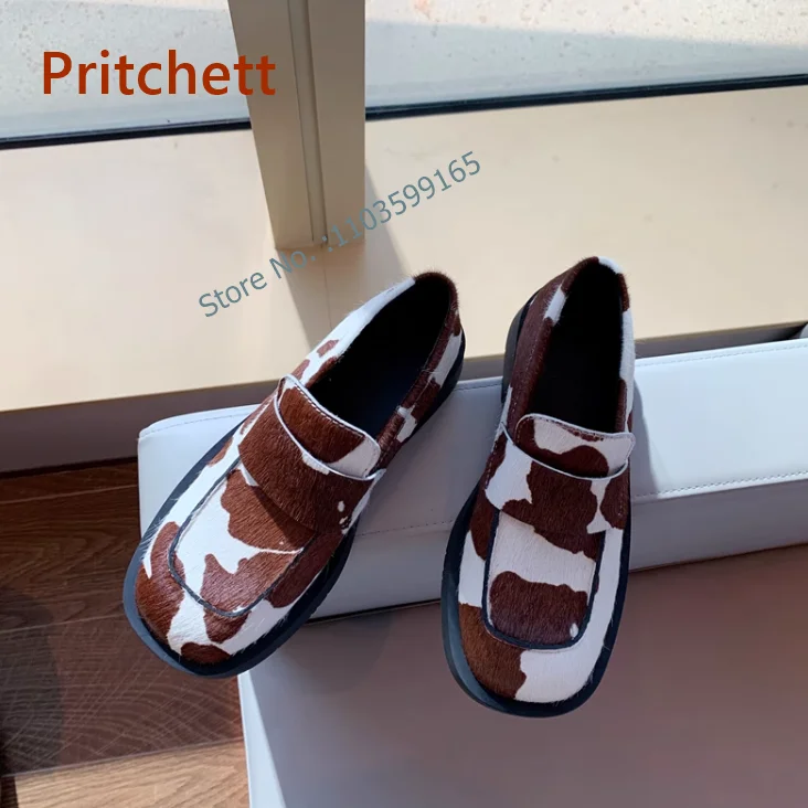 Printing Cow Stripes Pumps Horsehair Mixed Color Flat with Slip On Mixed Color Leather Shoes Spring Comfortable Women\'s Shoes