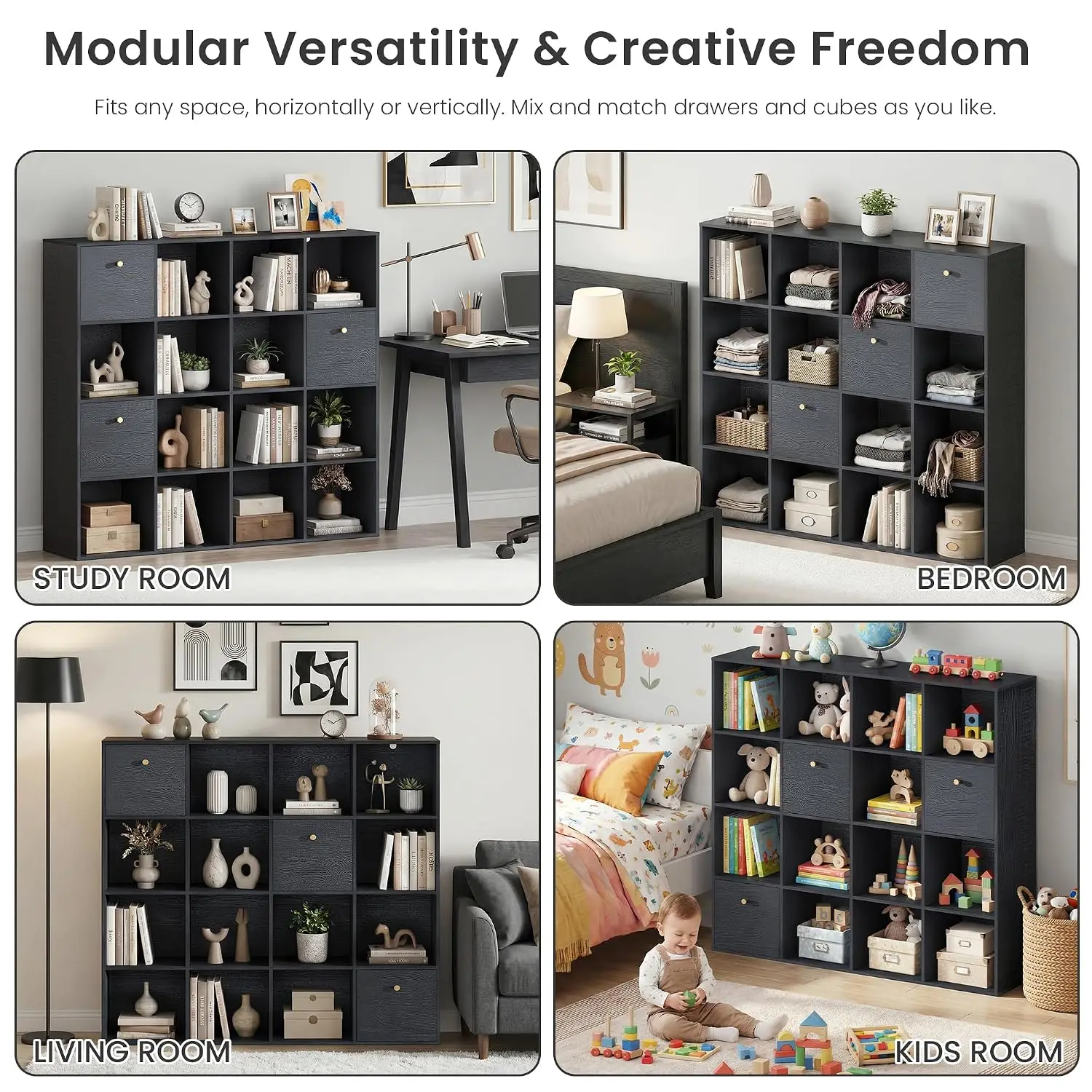 Black Cube Storage Organizer 16-Cube Bookshelf 3 Drawers Freestanding Wooden Bookcase Living Room Bedroom 2PCS, Customized
