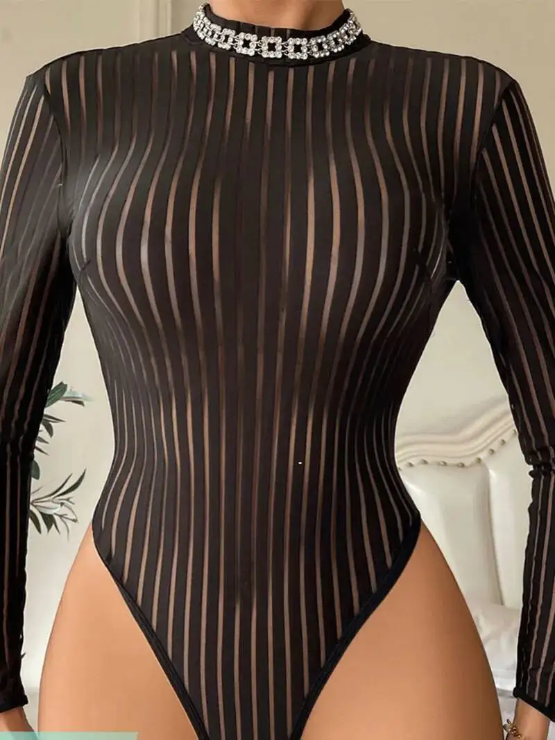 

Style Sexy Long Sleeved Bodysuits Fashionable Transparent Striped Mesh Backless Sexy Bodysuits Charming Casual Beautiful PKOH