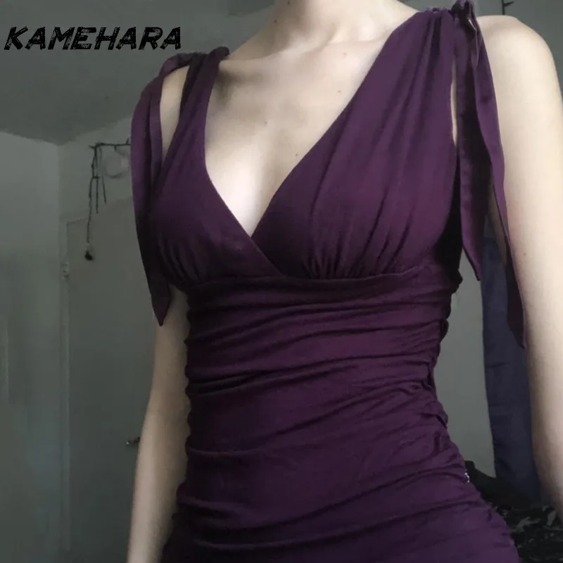 

KAMEHARA японская летняя футболка Dopamine Spice Girls с фиолетовым галстуком, сексуальная футболка с v-образным вырезом на груди, плиссированная майка в стиле Харадзюку, ретро... 티 여성