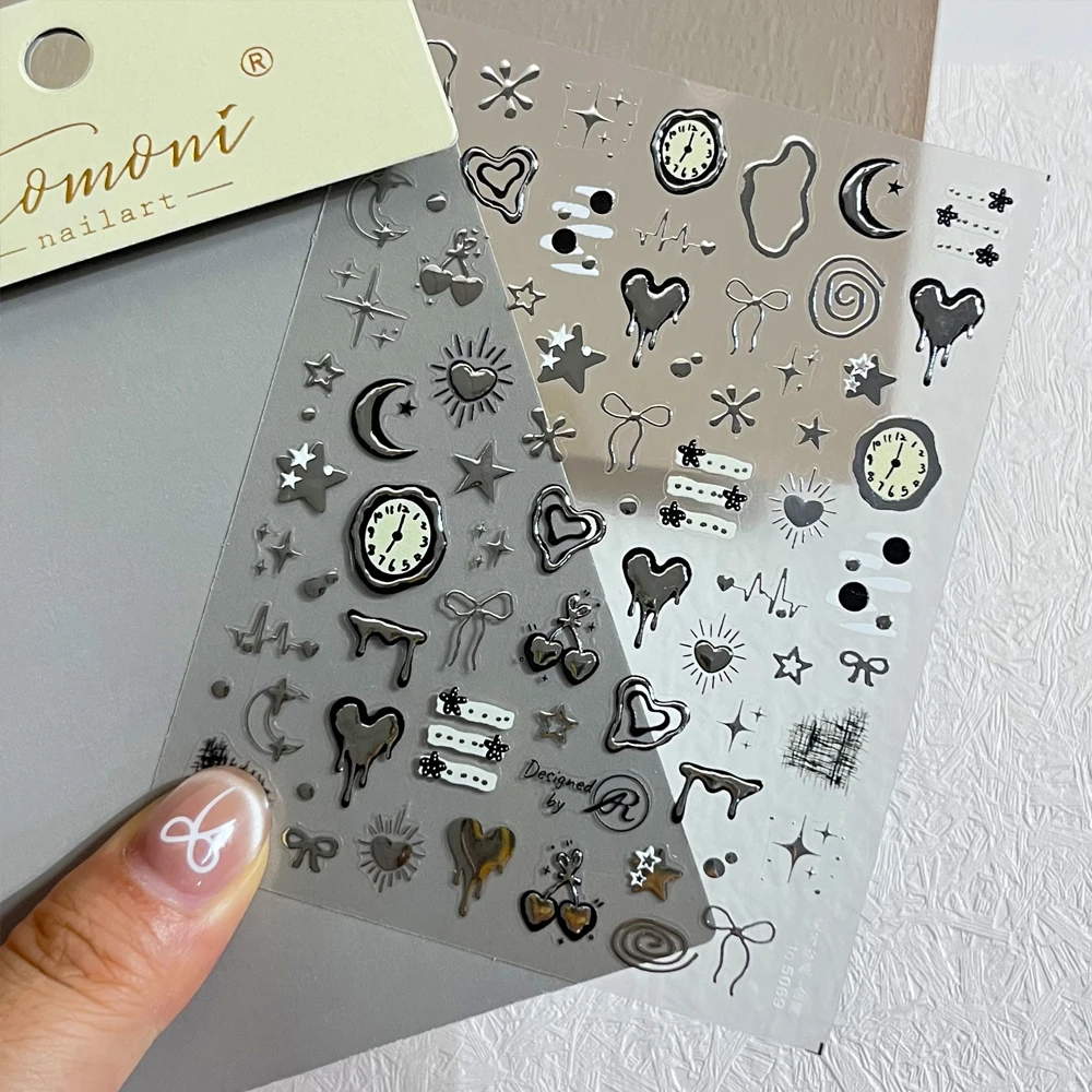 1 foglio 5D argento liquido a forma di cuore adesivo per nail art punk fiocco in rilievo piccolo fiore ciliegio pentagramma decalcomanie per unghie manicure fai da te