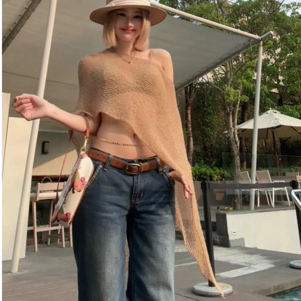 

Summer Drop Shoulder Crochet Poncho Sweater Irregular Sheer Beach Cover Up Multi-wear Halter Shawl Vacation Outfits
