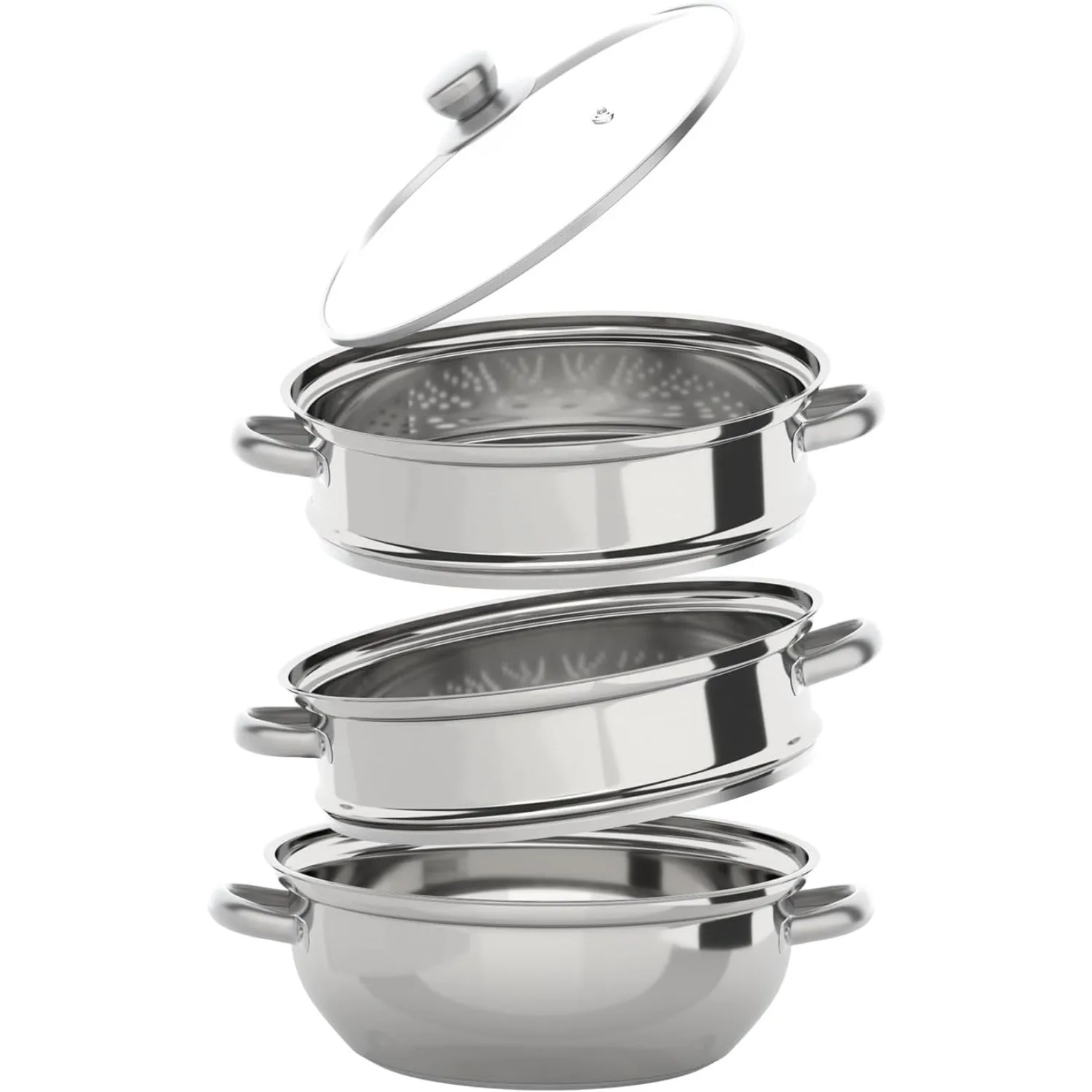 

3 Tier Stainless Steel Steamer Pot Kitchen Hot Steamer Pot Stainless Steel Cooking Steam Pot Pan Lightweight +Visible Glass Lid