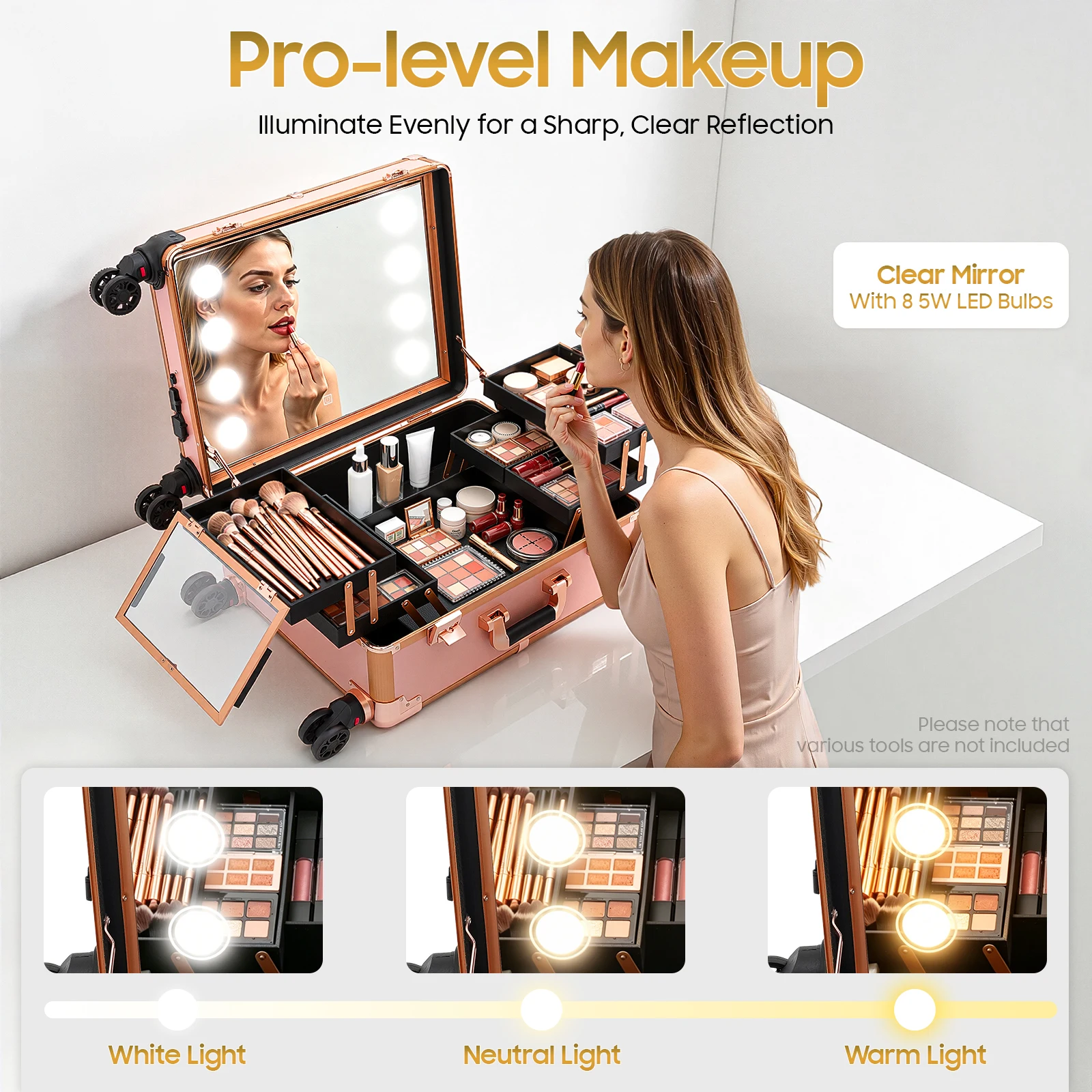 Professioneller Make-up-Koffer 3-stöckig 50kg Kapazität 8 LED-Lichter 3-stufig dimmbar Salon-Rollkoffer für Make-up-Künstler Friseur Nageltechniker Schönheit Rosa/Schwarz – Detail 6
