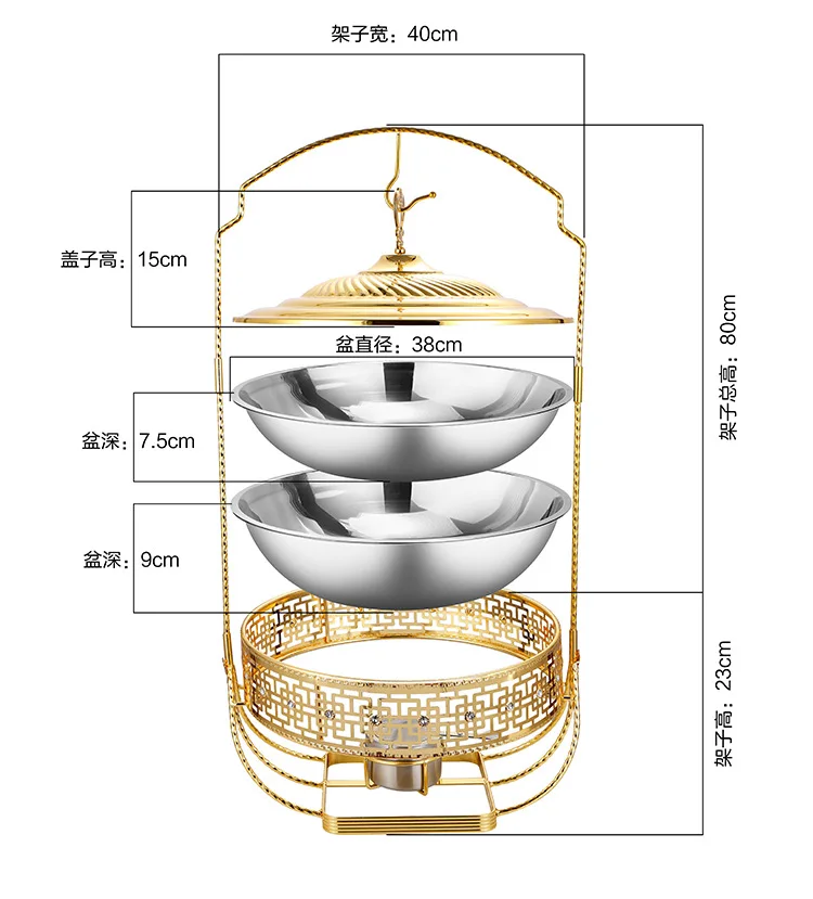 Gold Stainless Steel Chafing Dish 6L/8L Large Capacity Hot Pot with Hanger Lid for Wedding Party Banquet Buffet