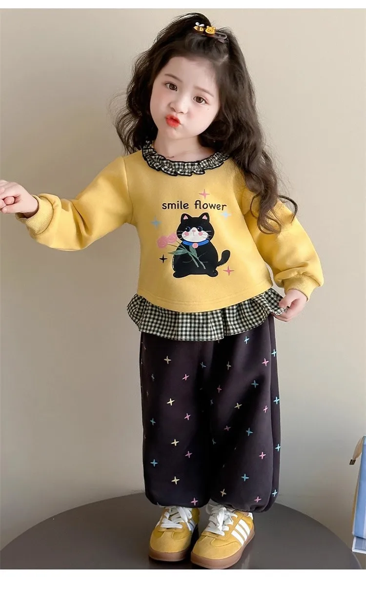 2026 Herbst Baby-Mädchen-Kleidungssets, Kinder-Sweatshirt mit Rüschenkragen und Cartoon-Print + Hose mit Sternenmuster, 2-teiliger Freizeitanzug für Kinder – Detail 8