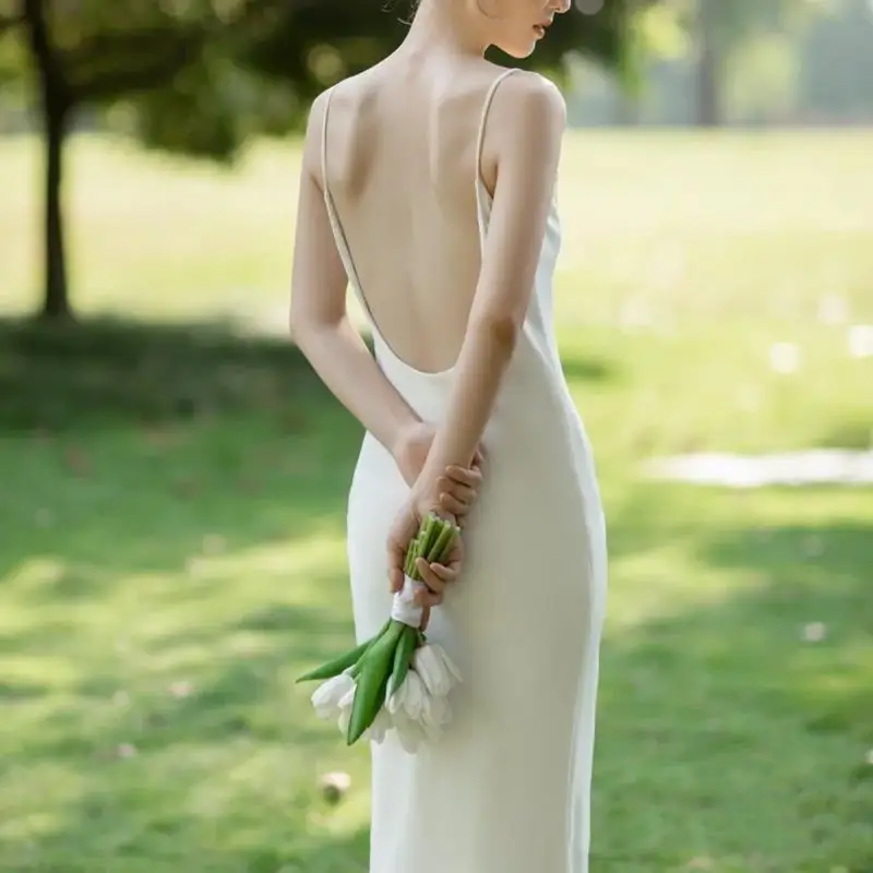 Dài Sườn Xám Đơn Giản Áo Cưới Nữ Chân Váy Xòe Caro Vestidos De Novia Hở Lưng Satin Kèm Tàu Gợi Cảm Đầm Cô Dâu