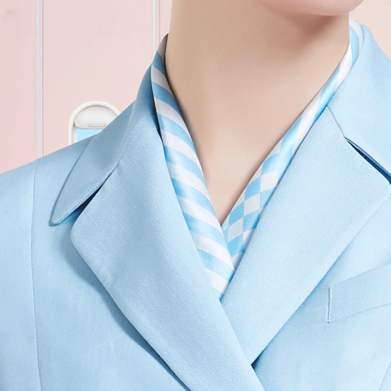 Women's Summer Light Blue Dress Medium Length Airline Stewardess Suit Short Sleeve Beauty Salon Double Breasted Uniform Overalls