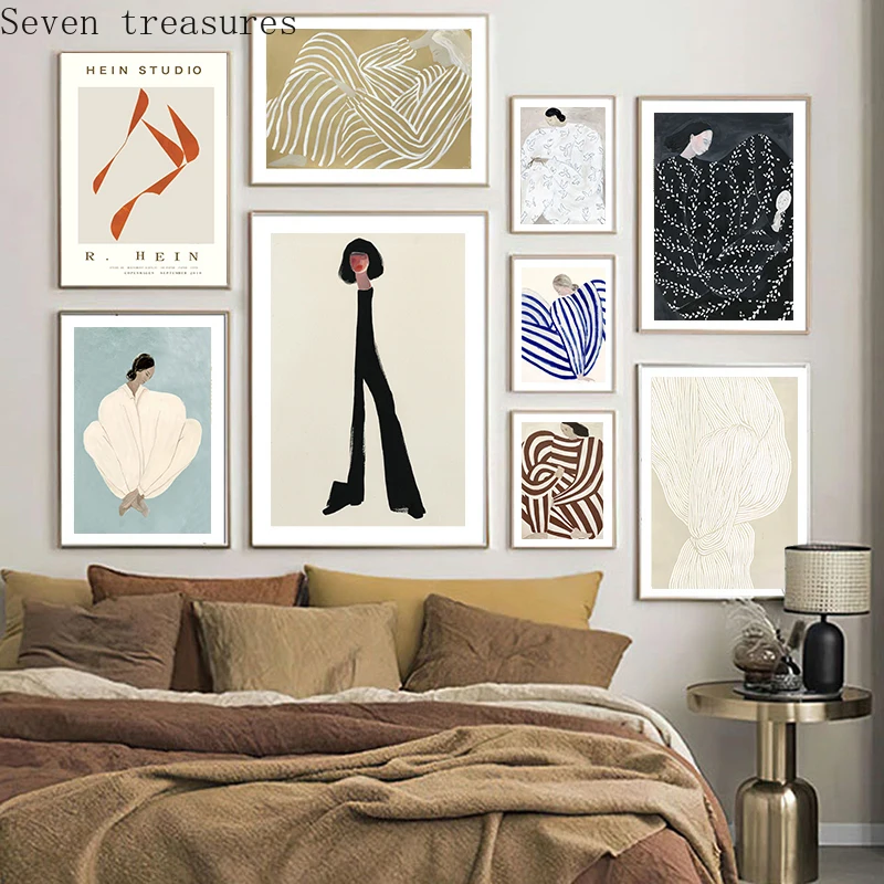 Abstract Woman Artwork Canvas Print Cool Color Vintage Painting Nordic Poster  Line Art Drawing Wall Picture Modern Home Decor