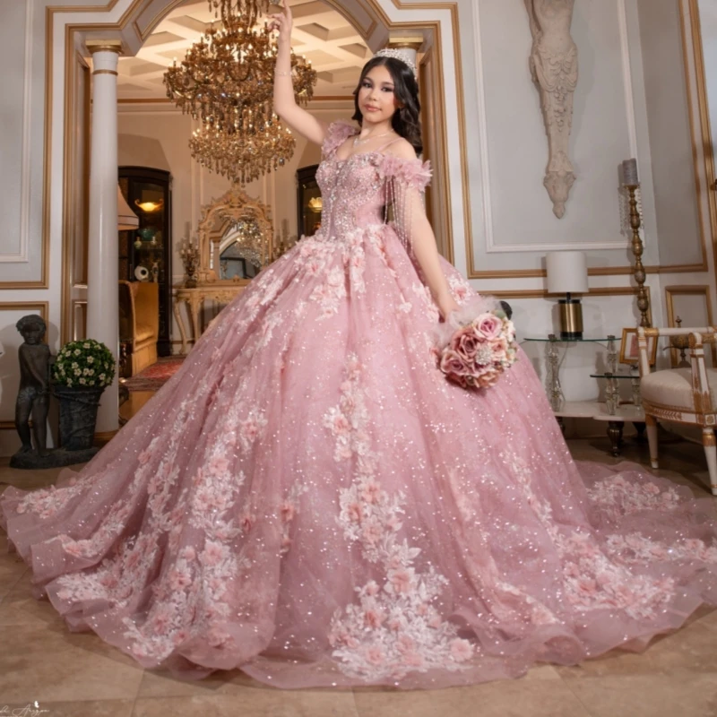 

Pink Shiny Ball Gown Quinceanera Dresses Flower Lace Beading Crystal Tull Corset Off Shoulder Sweet 16 Dress vestidos 15 de anos