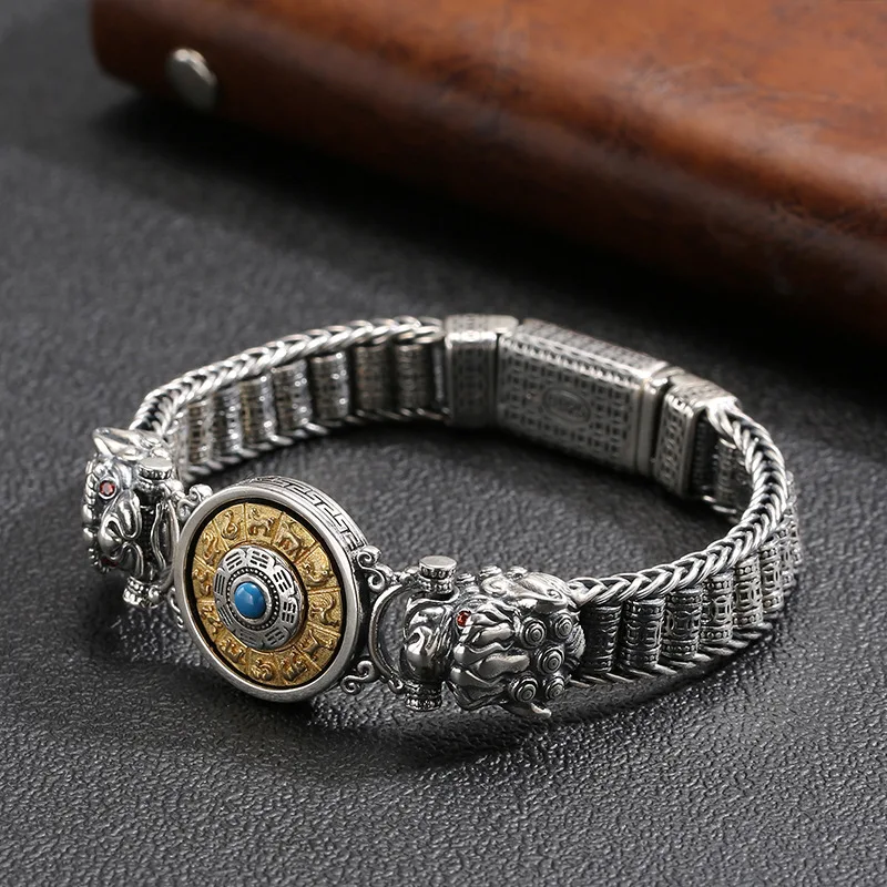 High quality 100%S925 Silver Punk Vintage Men's Lucky Bracelet Six-Figure Rotating Warp Tube Men's Silver Bracelet