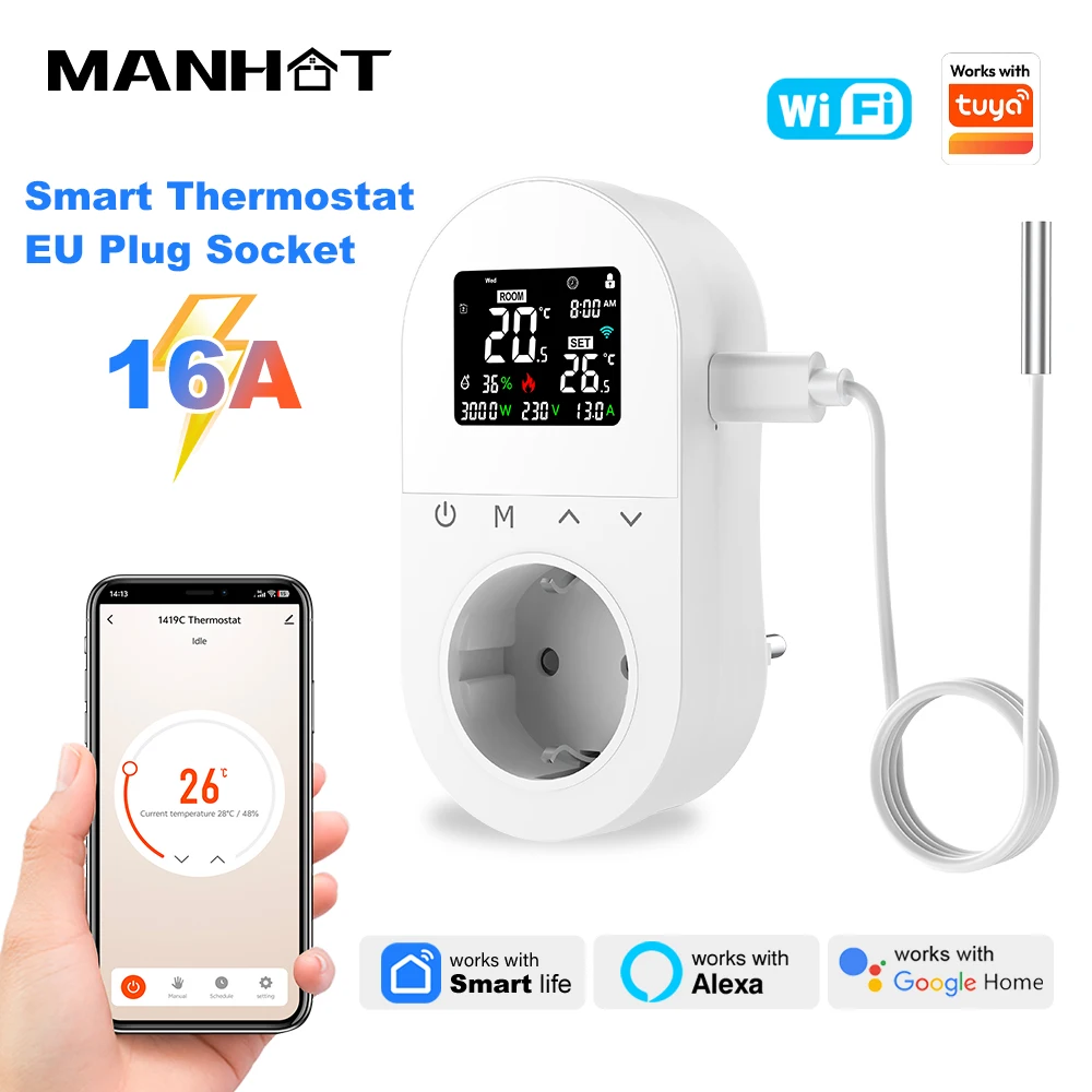 MANHOT WiFi 16A Smart Thermostat Wireless Electric Plug-in Thermostat Socket Temperature Controller Voice Control For Alexa
