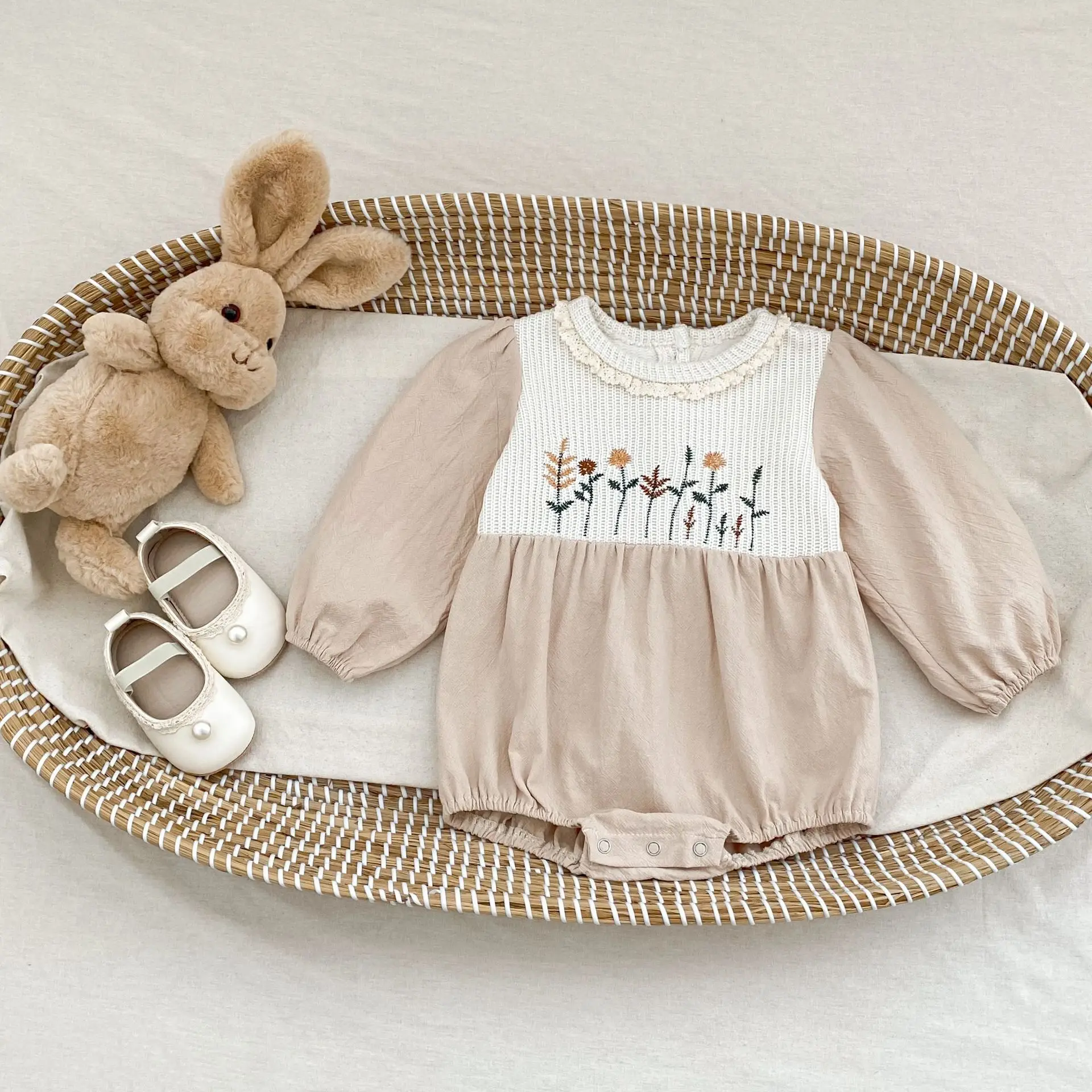 

Новая осенняя детская одежда для детей 0-3 лет, изысканный вязаный комбинезон с длинными рукавами и вышивкой в стиле пэчворк