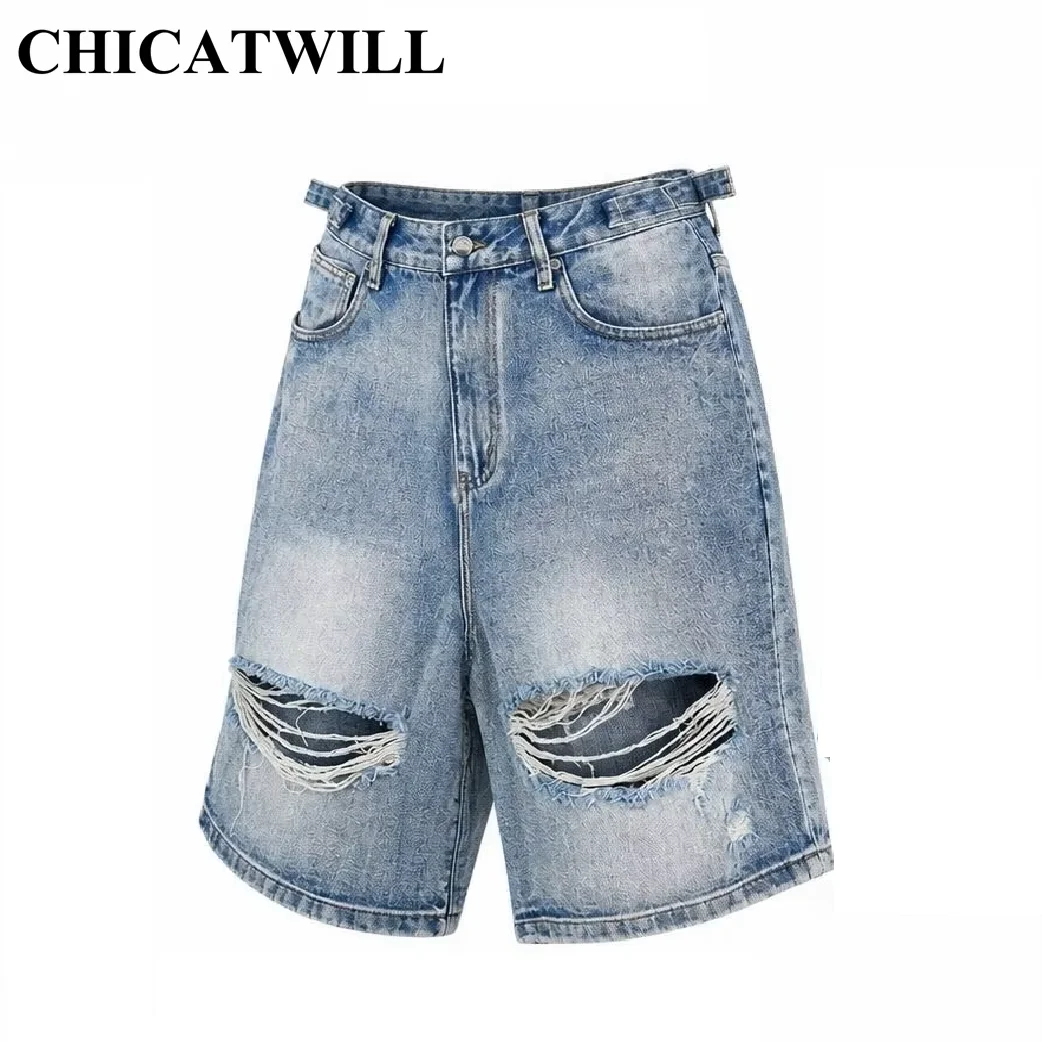 CHIC Beggar Distressed Destroyed Holes Jorts Denim Jeans for Women BF Casual Loose Wide Leg Denim Shorts Men Retro Half Pants