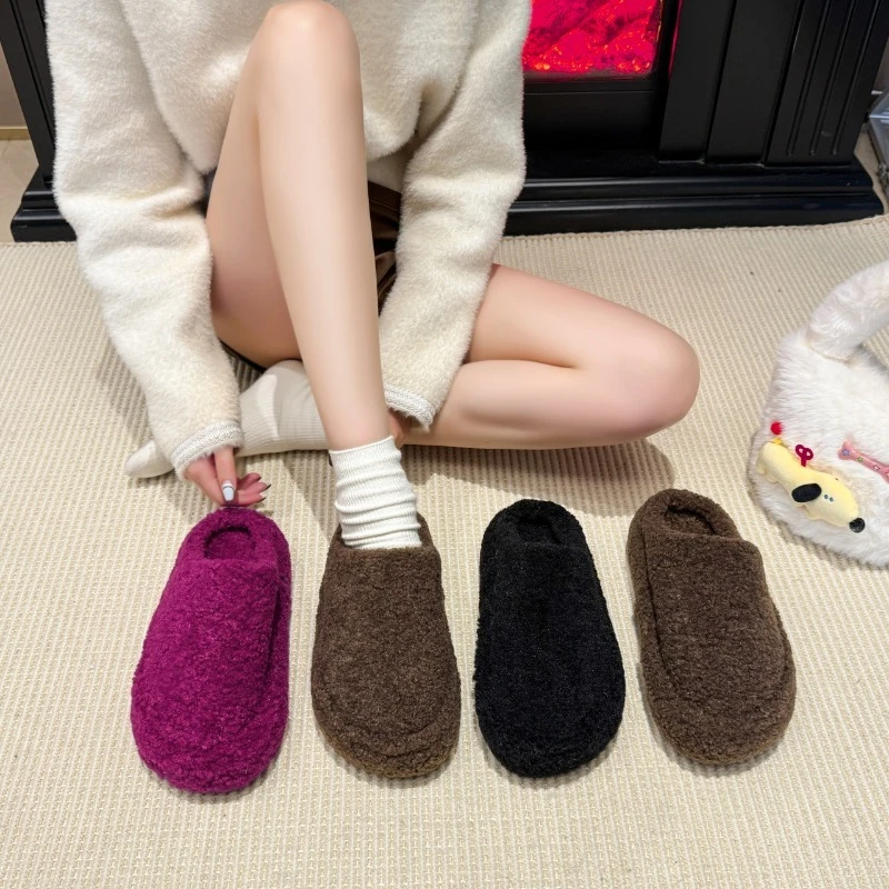 

2025 New Fashionable Thick Soled Bottom Wool Fur Slippers Women's Round Toe Cotton Plush Mules Warm Winter Shoes Woman Slippers