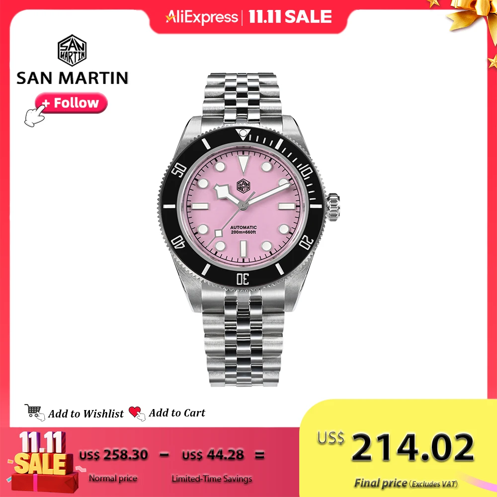 San Martin 남성용 자동 기계식 시계, 다이버 시계, 핑크 다이얼, 스테인리스 스틸, NH35, 사파이어, 방수, 200m, SN0128, 40mm
