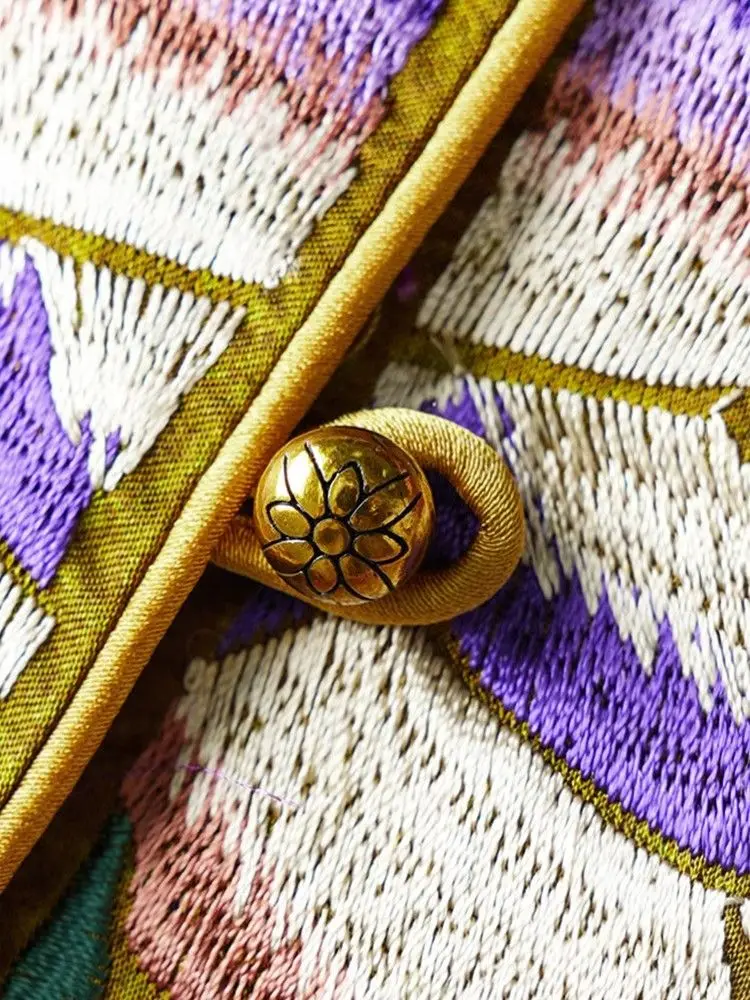 المطرزة الحرير الحرير سترة المرأة جولة الرقبة العرقية نمط التطريز أكمام أعلى الصينية الوطنية