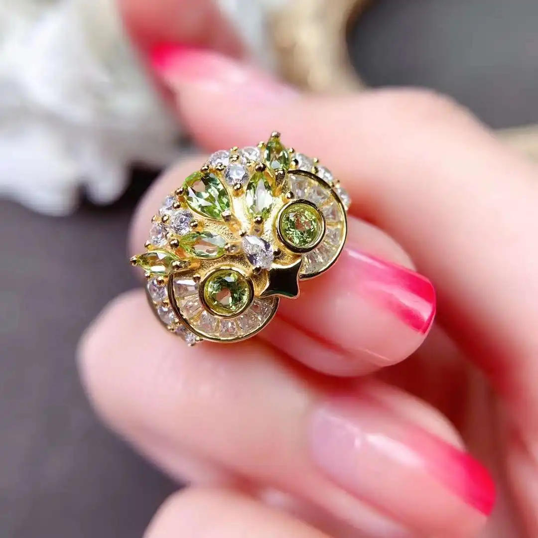 Owl Ring Natural Peridot or Sapphire Ring  Ring for Women Men Wedding Rings Charm Unisex Stainless Steel Rings Jewelry