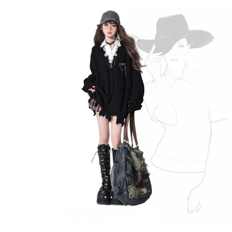 

Демисезонный кардиган женский, темно-синий, с изогнутым узором в горошек, однотонный, с вышивкой, свободный крой, в уличном стиле