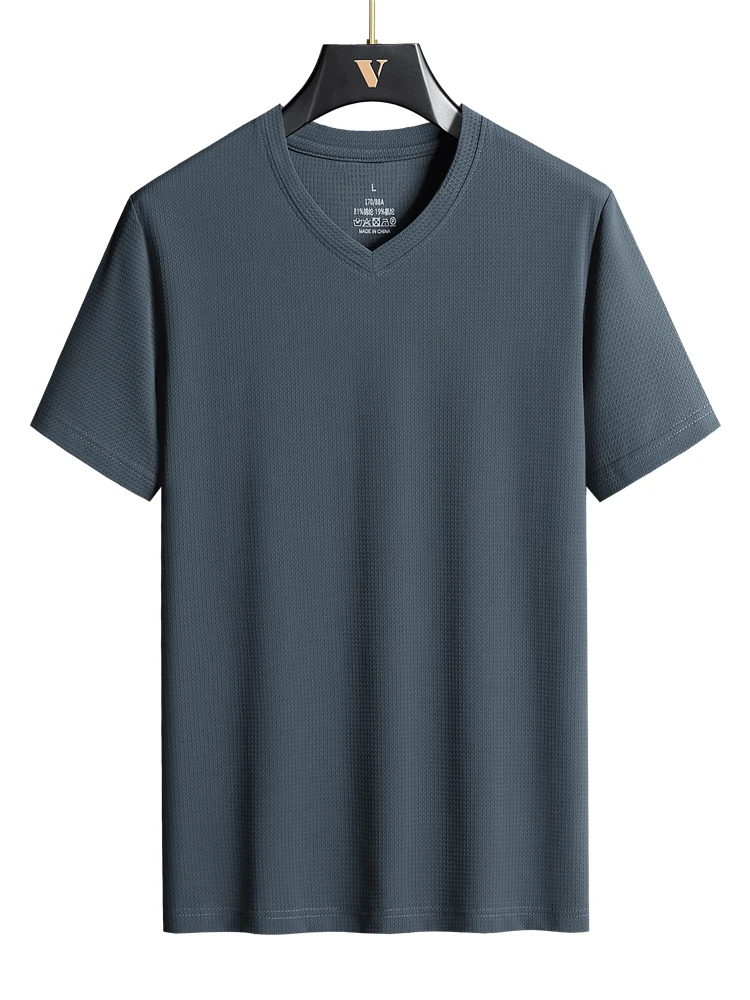 Plus Size 7XL 8XL 9XL Summer V-Neck T-shirts For Men Ice Silk Cooling Quick-dry Breathable Men's Short-sleeved T Shirts