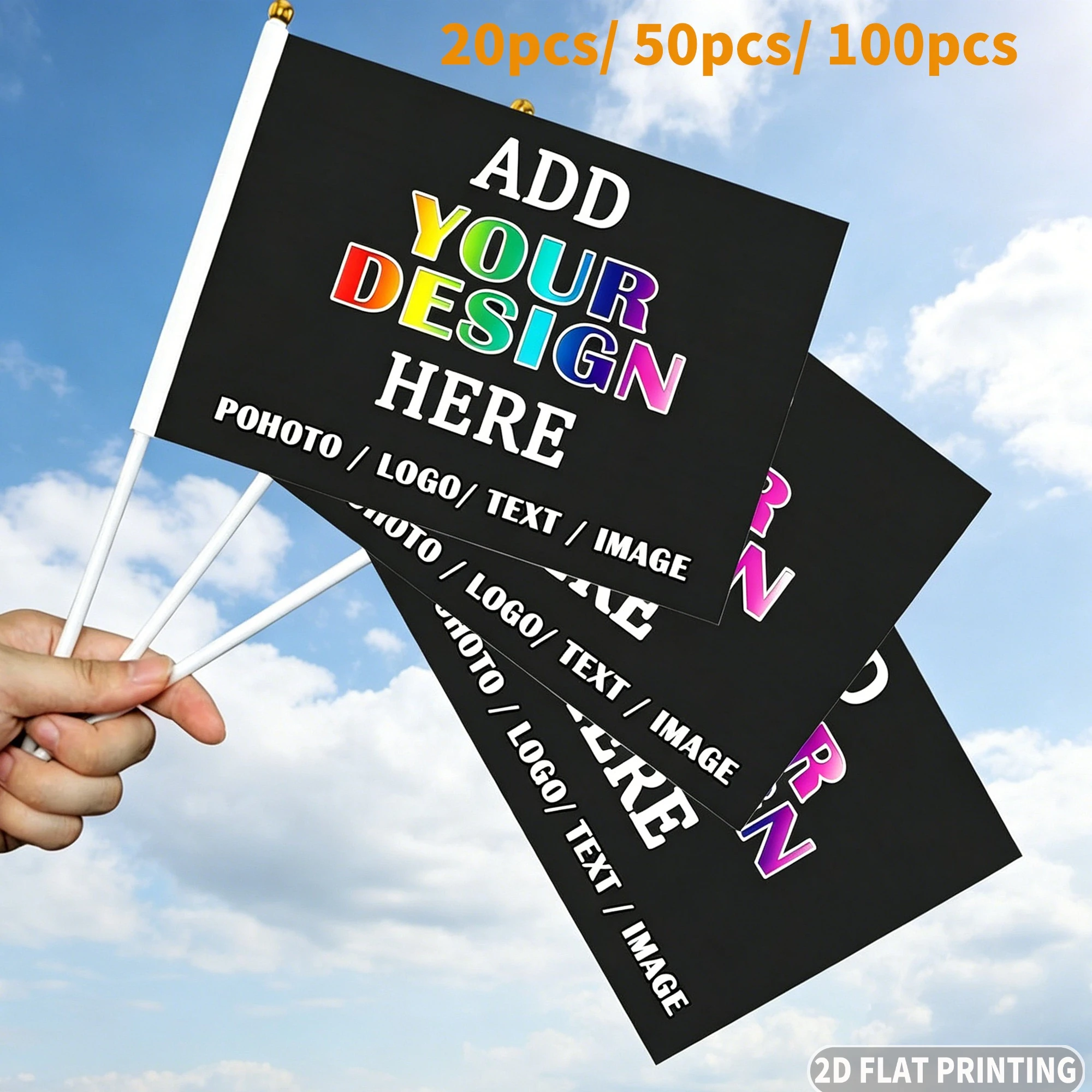 20pcs/ 50pcs/ 100pcs Custom 2D FLAT Handheld Mini Flags with Plastic Flagpole | Personalized Mini Flags Ideal for Celebrations