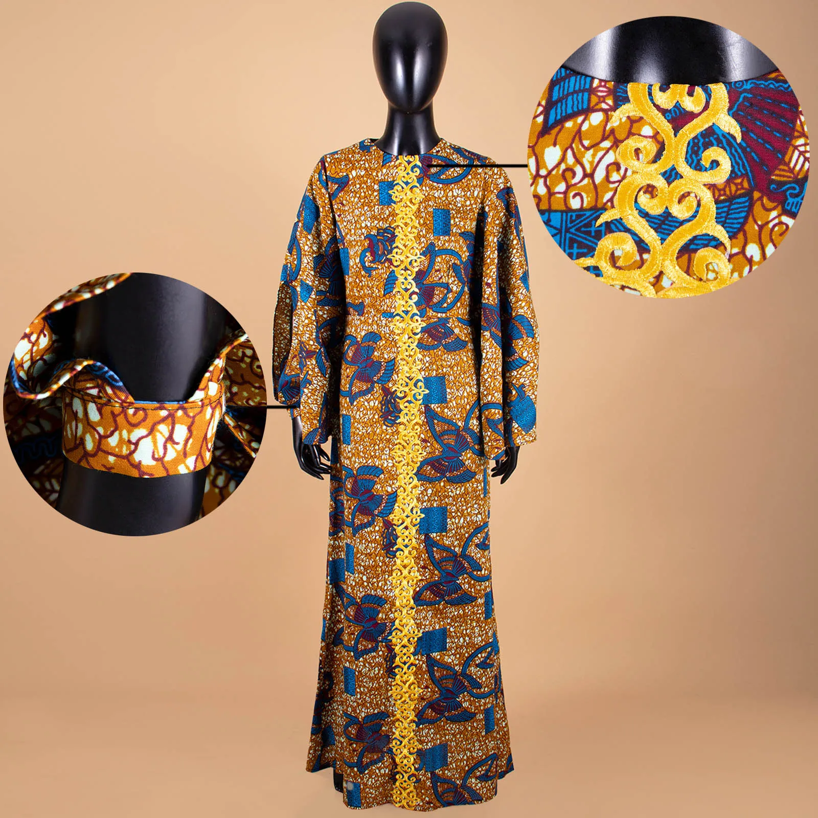 African Women\'s Printed Fabric Gown, Casual Floor Length Dress, Embroidered Patch, Long Sleeve, Plus Size, A2225152