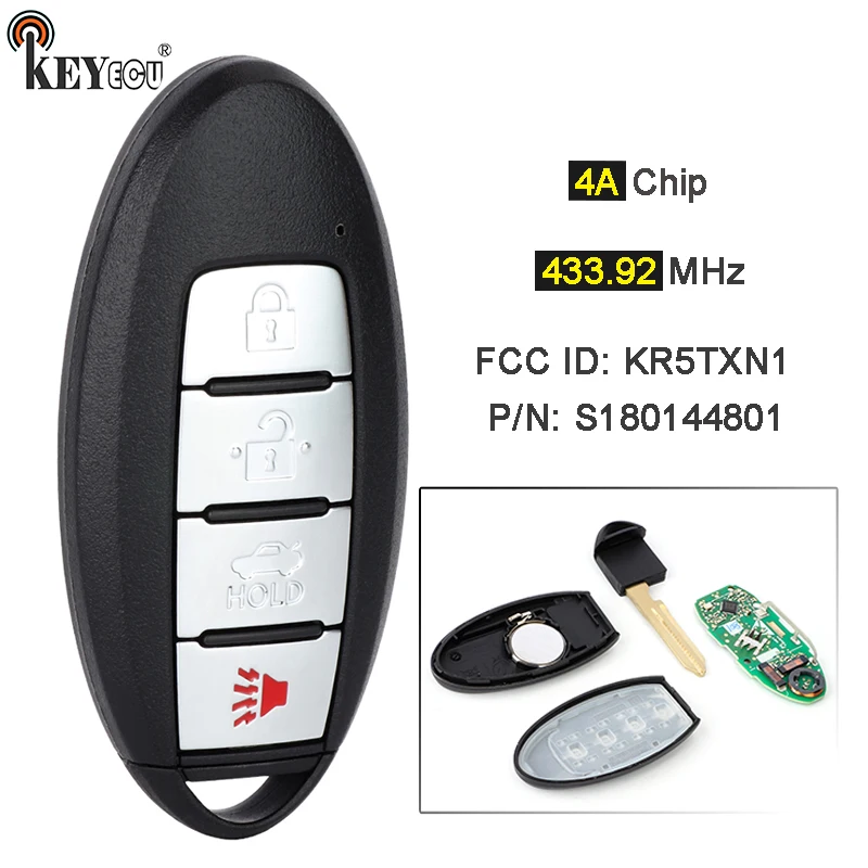 

KEYECU 433.92MHz 4A Chip S180144801 KR5TXN1 285E3-6CA1A Keyless-go Smart Remote Key Fob for Nissan Altima Versa 2019-2021