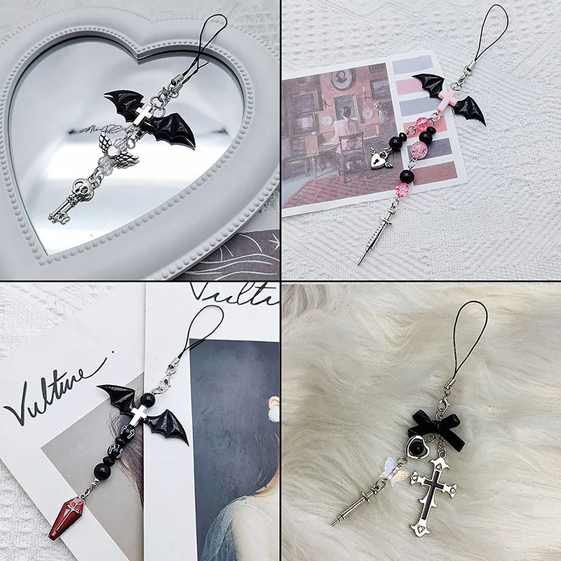 أسود فاسق Y2K الهاتف قلادة سلسلة الحلو الصليب فراشة سحر فتاة باردة ملحق لحقيبة الهاتف سلسلة مفاتيح قصيرة #1