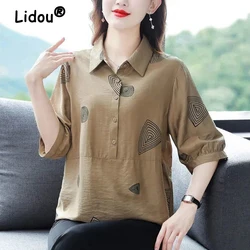 Middle Aged Women Summer Fashion Geometric Print Button Up Shirt Casual Lapel Cotton Linen Blouse Ladies Short Sleeve Loose Tops