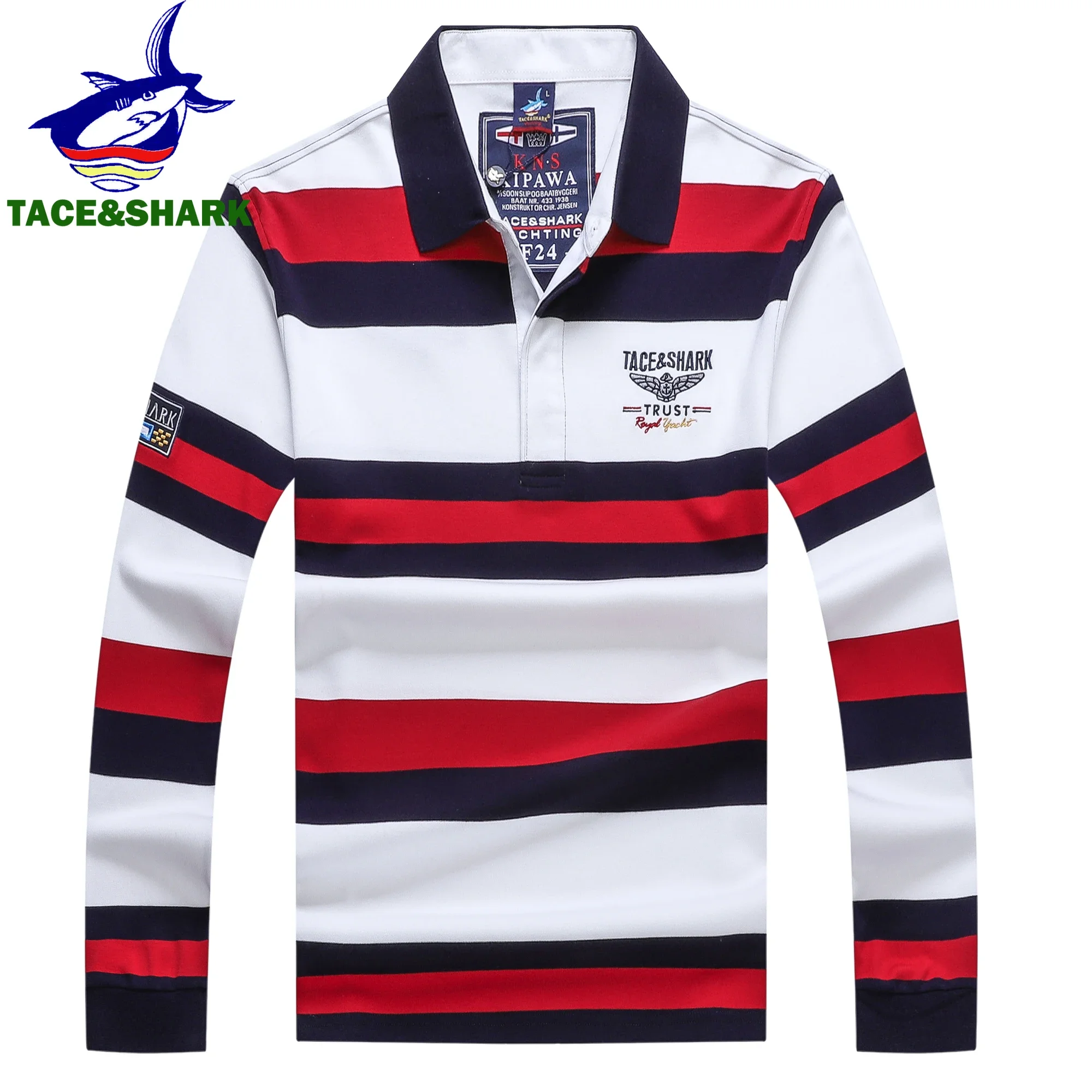 TACE & SHARK-Camisa polo listrada azul masculina, blusa casual respirável, moda de alta qualidade, outono, 2023