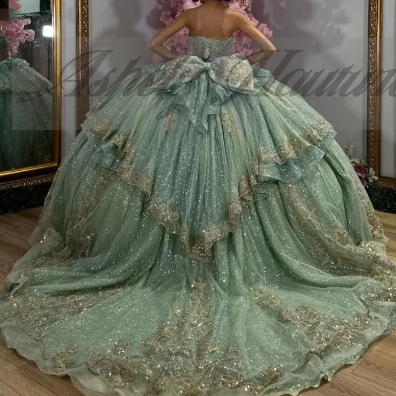 Maßgeschneiderte Luxus Mint Green Quinceanera Kleider Kristall Gold Spitze Applique Bogen Frauen Prom Geburtstag Party Kleid Vestido 15/16