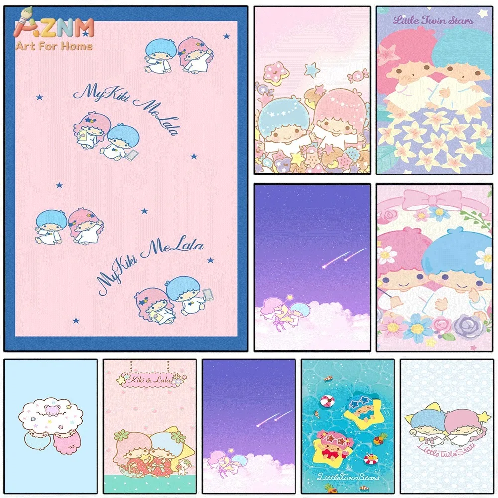 AZNM Little Twin Stars Kiki Lala Canvas Wall Art Cute Cartoon Flower Starry Sky Poster Print Kawaii Girls Room Decor Unframed
