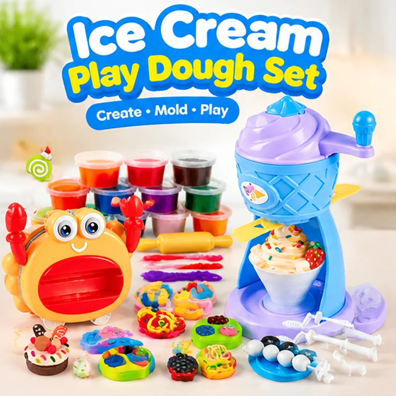 Play Dough Toys Series Ice Cream Maker Crab Barbecue Machine Color Clay Set Molds Kitchen Pretend Play Toys for Kids Ages 3+