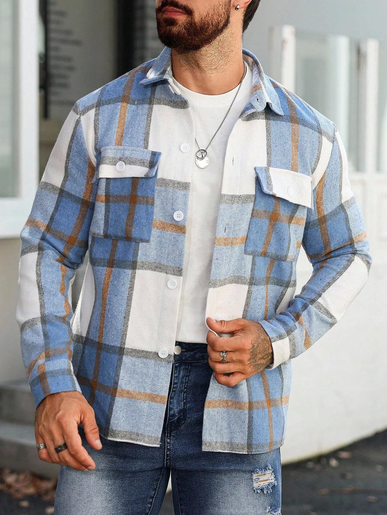 Men's Casual Blue White Plaid Long Sleeve Shacket with Chest Pockets Fall
