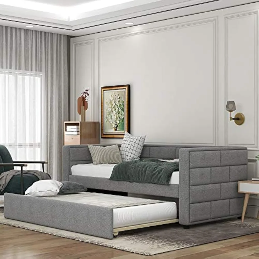

Twin Size Upholstered Daybed with Trundle, Upholstered Daybed with Padded Back and Sides, Grey