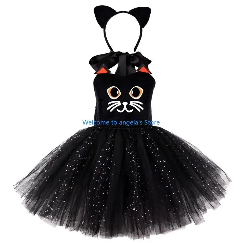 X4YC Động Vật Mèo Phụ Kiện Trang Phục với Mèo Đầu Tutus Đầm cho Bé Gái Halloween Cosplay Đạo Cụ