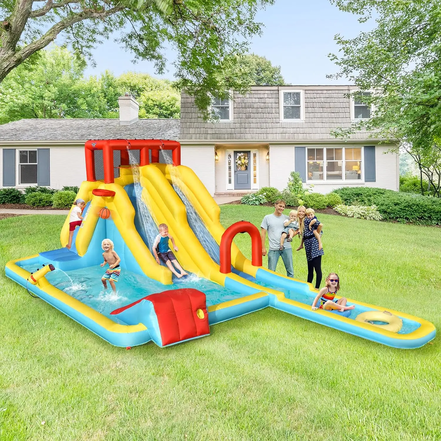 Corrediça de água inflável, slides duplos, parque de corrediça de água para crianças, castelo inflável com 2 anéis de natação, ventilador, grande piscina de respingo, parte traseira
